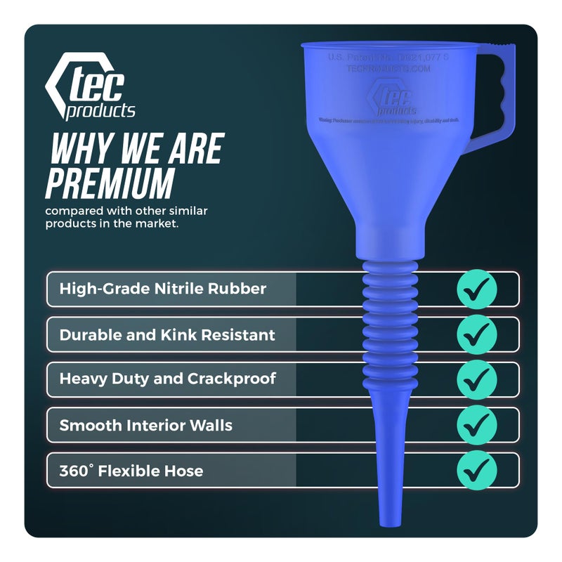 TEC Products FlexAll Long Flexible Funnel for Automotive Use - Durable Nitrile Rubber - Ideal for Car Oil Change  Transmission Funnel Fluid  Diesel  Fuel  Gas - Made in USA - Blue (16 x 5 Inches) - Image 3